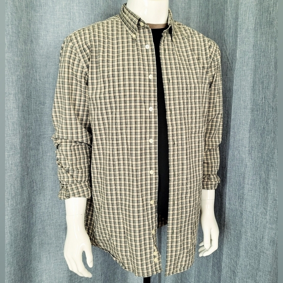 EDDIE BAUER Outfitter Shirt Mid-Weight Rugged Cotton Plaid Tan Green Men's LT - Picture 1 of 11
